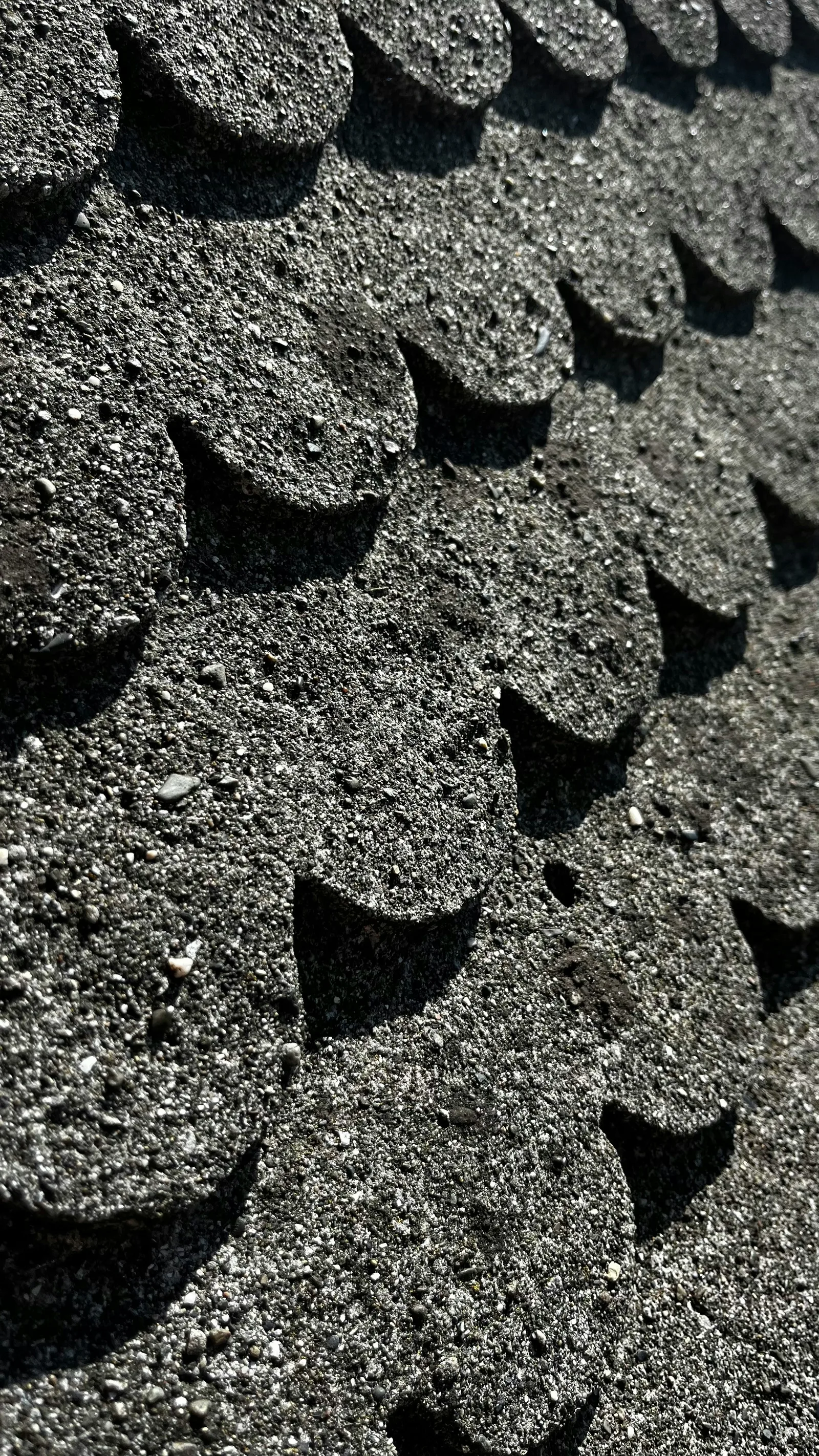 Extreme close-up of black scalloped shingle edges and mineral granules