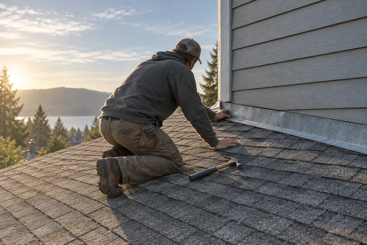Illustration of a backlit roofer examining a roof-to-wall connection